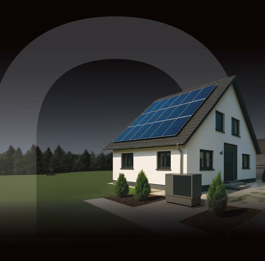 Logo GNR Energies avec une maison équipé d'une pompe à chaleur et de panneaux solaire photovoltaïques