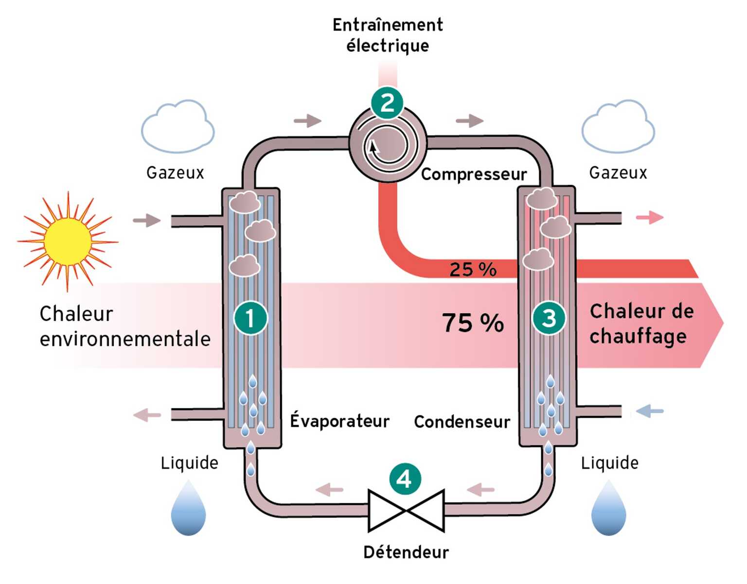 Circuit de principe d'une pompe à chaleur avec les 4 étapes.
